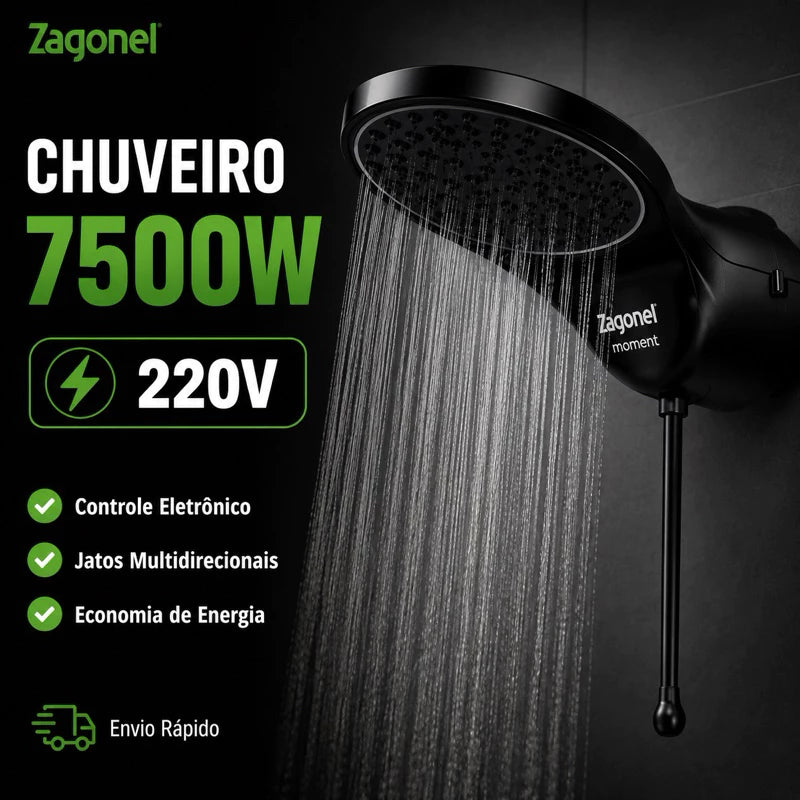 Chuveiro Elétrico Eletrônico 220V 7500w Black Redondo Moment Zagonel