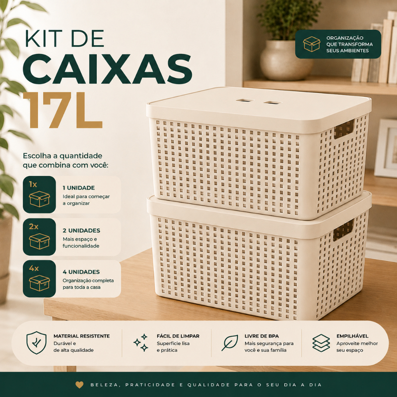 Caixa Organizadora Grande Tampa Invisível 17 Litros Empilhável Plástico Multiuso Armário Closet