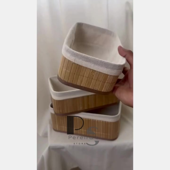 Cestos de Bambu Retangular Organizadores Multiuso com Forro Banheiro Lavanderia Decoração Cosmeticos Pequeno Grande