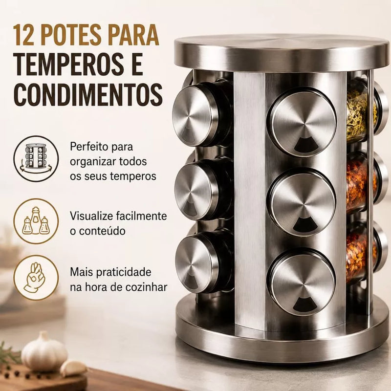 Porta Tempero Condimento Inox 12 Potes Suporte Giratório