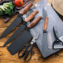 Kit Facas Cozinha 6 Peças Aço Inox Preto Cabo Amadeirado Cutelo Chef Tesoura Descascador Churrasco Gourmet